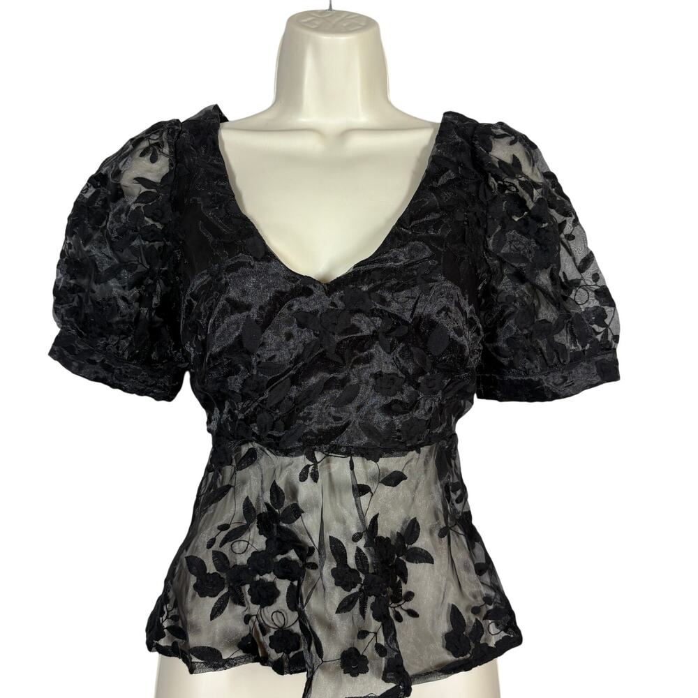 NEW! Lulus Sheer Lace Crop Formal Blouse Top Tie Front Black Formal Floral - S